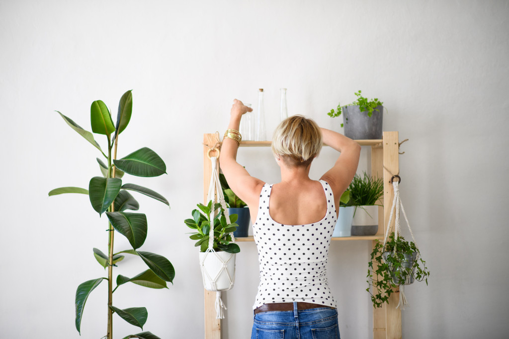 ndoors at home, arranging plants on shelf.